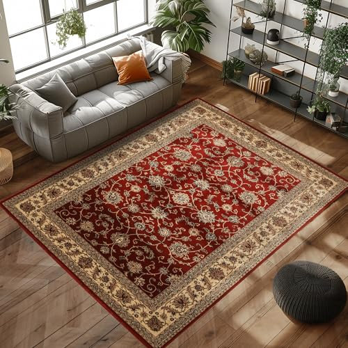 Carpettex Kurzflor Teppich Orientalisch Wohnzimmerteppich Klassisch Optik Webteppich Rot 120 x 170 cm - Orientteppich Vintage Teppich Schlafzimmer Weich Orientalischer Teppich Waschbar Küchenteppich