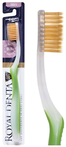 Royal Denta Spazzolino da denti con setole morbide dorate, spazzola morbida per denti sensibili, doppia lunghezza, setole morbide per la pulizia interdentale, particelle d'oro per prevenire i batteri,