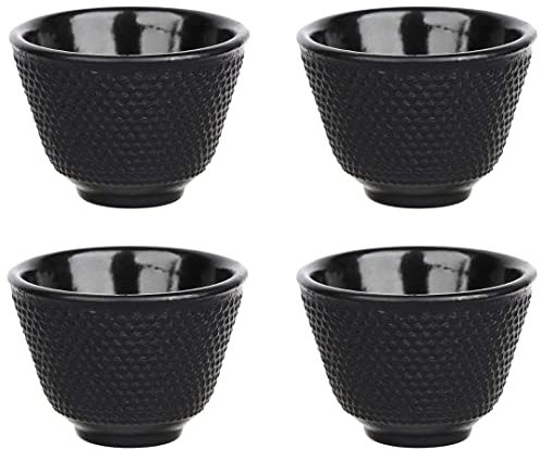 AMATHINGS Tazas de té tradicionales asiáticas (4 unidades) – Juego de té chino de hierro fundido en negro noble – Tazas de té ideales para los amantes del té