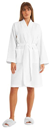Cotton Trend Ladies White Waffle Dressing Gown 100% Turkish Cotton Lightweight Robe with Kimono Collar Bathrobe for Women Super Soft Cosy Knee Length Robe Perfect Loungewear Medium