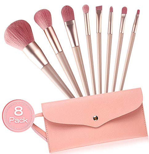 Make up Pinsel Set - 8 Stück Schminkpinsel, Pinselset Makeup Foundation Contouring Beauty Concealer Pinsel Weich, Makeup Brushes Profi Kosmetikpinsel Blending Brush Set mit PU-Ledertasche(Pink)