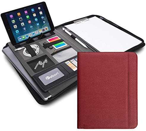 Vebon® Konferenzmappe A4 London aus Veganem Leder mit Reißverschluss I Schreibmappe + Laptoptasche I 2in1 I Rot I Smartphone Halterung + Klemmbrett