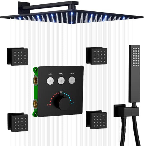 AYIVG Système de douche mural noir mat à LED effet pluie 30,5 cm avec 4 pulvérisateurs pour le corps, ensemble de fixations de robinet de douche, plusieurs têtes de pulvérisation