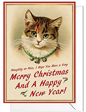Weihnachtskarte mit Umschlag Katzen Kätzchen Vintage Retro viktorianisch niedlich (Calico Christmas Kitty)