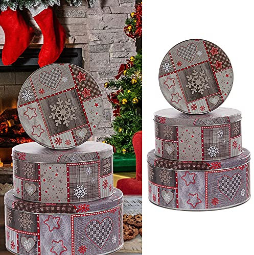 Cepewa Gebäckdose Hüttenzauber 3er Set Weihnachten | 3 Größen rund Metall | Aufbewahrung Weihnachtsgebäck Keksdose (1 x 3er Set Gebäckdose Hüttenzauber)