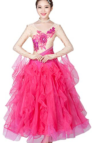 Gesellschaftstanz Kleider Klassische Damen Performance Kostüm National Ballsaal Standard Tanzkleid Moderne Elastizit Langarm Tango Walzer Kleid,Rose red,XL