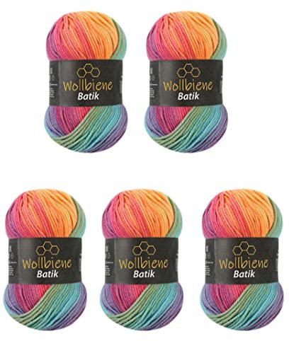 5 x 100g Wollbiene Batik 500 Gramm Wolle mit Farbverlauf mehrfarbig Multicolor Strickwolle Häkelwolle (5040 pastell regenbogen)