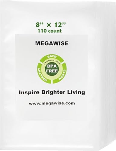 Bolsas de Vacío MEGAWISE 8x12 (Paquete de 100), Bolsas de Almacenamiento BPA Free para Conservación de Alimentos, Sous Vide, Congelación, Textura de Doble Cara y Cierre de Doble Sellado