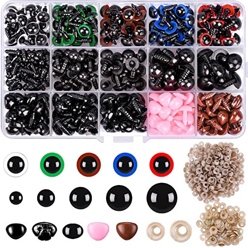 AOKITO 560pcs Sicherheitsaugen und Nasen (6-14mm) mit Unterlegscheiben für Handwerksprojekte und Spielzeugherstellung, inkl. Amigurumi, Teddybären, Marionetten und Häkelwaren