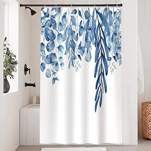 Uiiooazy Duschvorhang 120x200cm, Duschvorhang Anti Schimmel Eukalyptus Blau Blätter Aquarell Blumen Pflanzen Duschvorhänge Wasserdicht Polyester Stoff Waschbar Bad Vorhang mit 8 Haken für Badezimmer