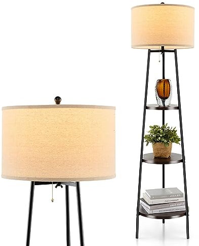 GiantexUK Tripod Floor Lamp with Shelves, Metal Frame Standing Corner Shelf Lamp with Round Fabric Lampshade & E27 Socket, Modern Reading Light for Living Room Bedroom Office