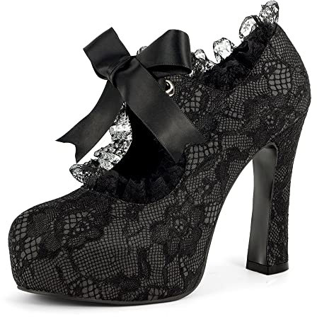 elerhythm Damen Spitze Blume Mary Jane Punk Closed Toe Kostüm Elegantes Gothic Pumps Vintage Plattform High Heels Schuhe (Schwarz EU41)