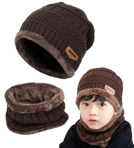 Gxlaihly Wintermütze für Kinder - Warm Beanie Mütze und Loop Schal Schlauchschal Set für Jungen Mädchen von 6-15 Jahren (Braun)