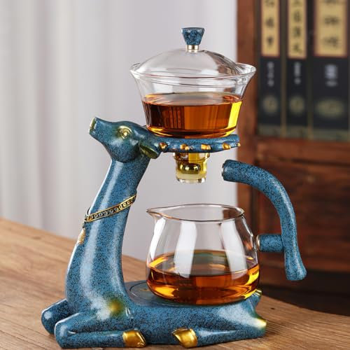 Lazy Kungfu - Teiera a goccia resistente al calore, teiera semiautomatica in vetro, adatta per flusso d'acqua magnetico, set di teiera in legno e vetro (manico BlueDeer)