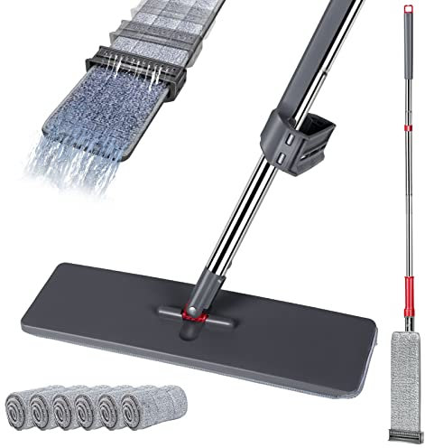 HEVOL Mopa Plana, Plato de Microfibra con 6 Sellos Reutilizables de Microfibra, Mopa de Auto-Escurrir para Limpiar Madera Dura, Azulejos, Laminado, Mármol, Gris + Rojo