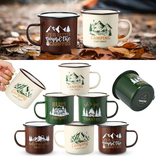 Maxcheck Emaille-Camping-Tassen, Kaffeebecher, Geschenk, 425 ml, Motiv: Happy Camper, Lagerfeuer, Teetassen, 3 Stile, Reise-Camping-Tassen, 6 Stück, für Trinken, Outdoor-Paare, Keramikbecher,