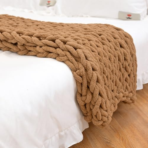 Dazzluxe Chunky Knit Blanket Throw, Soft Chenille Yarn Throw Blanket, Handmade Thick Cable Knit Crochet Blanket, Large Knit Chunky Throw Blanket for Couch Home Decor,Camel,120 * 180 cm