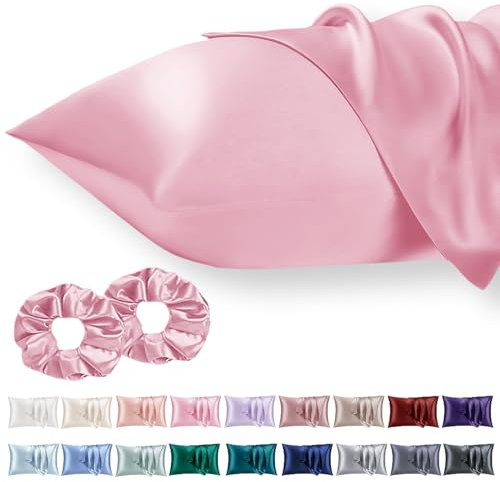 Vielit 2 Pack Satin Pillowcase for Hair and Skin Cooling,Soft as Silk Pillowcase for Hair and Skin,Easier Care than Silk Pillow Case Pink 50x75cm Gifts for Women Envelope & 2 Scrunchies