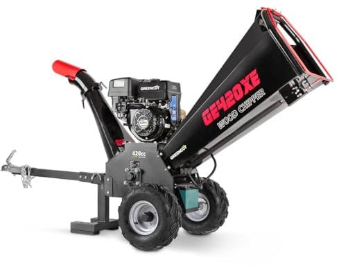 GREENCUT GE420XE - Biotrituradora gasolina de 420cc y 9kw, diámetro corte 120mm, tolva gran tamaño, enganche para transporte