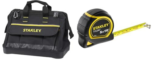 STANLEY 600 Denier Open Mouth Tote Tool Bag, Multi-Pocket Storage Organiser for Tools & TYLON Tape Measure 5M/16 Inches Compact Case with Cushioned Grip Metric and Imperial System 1-30-696, YELLOW