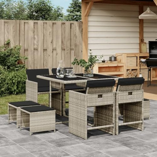 ZEYUAN 9-TLG. Garten-Essgruppe mit Kissen Hellgrau Poly Rattan, Esstisch Mit Stühlen Set, Gartenmöbel Sitzgruppe, Balkon Möbel, Gartenlounge Set, Terrassenmöbel, Balkonmöbel Set - 3277906