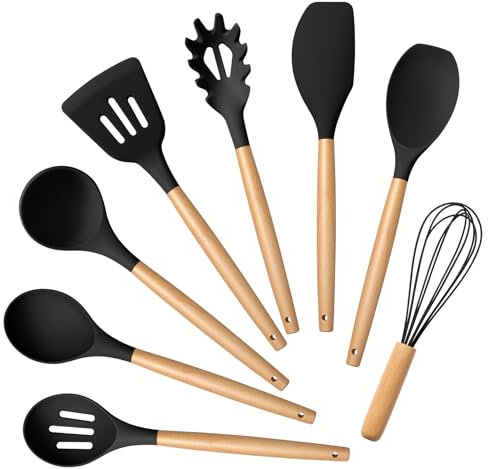 Onader Black Kitchen Utensils Set, 8Pcs Silicone Cooking Utensil Set with Wooden Handle, Heat Proof Kitchen Tools Spatula Safe for Non-Stick Cookware, Sturdy, Healthy & Easy Clean