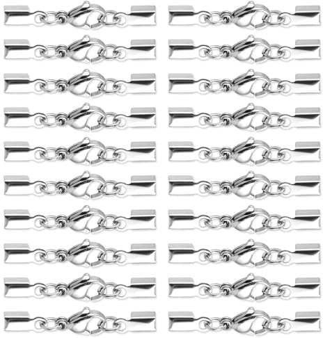 Molain 20pcs Lobster Claw Clasps with Fold Over Cord Ends, DIY Jewelry Making Accessories Set, Stainless Steel Lobster Claw Clasps Buckle Hook Fastener for Pendants Bracelet Necklace Crafts