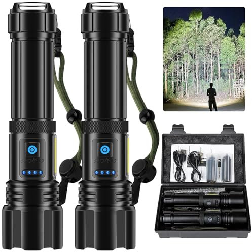 Cinlinso Lampe Torche LED Ultra Puissante - 100000 Lumens, Rechargeable Lampe de Poche Rétractable, Lampe Torche Tactique Puissante,Étanche IPX7, 7 Modes D'éclairage pour Camping,Randonnée et Urgences