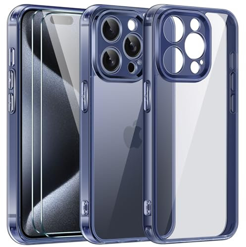 ivoler 3 in 1 Hülle für iPhone 15 Pro 6.1 Zoll, mit 2 Stück Schutzfolie, [Nie Vergilbung] [Militärischer Schutz] [Kameraschutz] Dünn Transparent Stoßfest Schutzhülle Kratzfest Case - Titan Blau