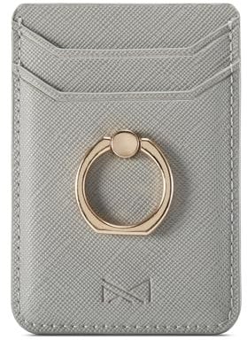 DMaos Card Holder Sleeve with Ring, RFID Credit Wallet PU Leather Stick On Back Grip for iPhone Samsung Smartphone - Silver
