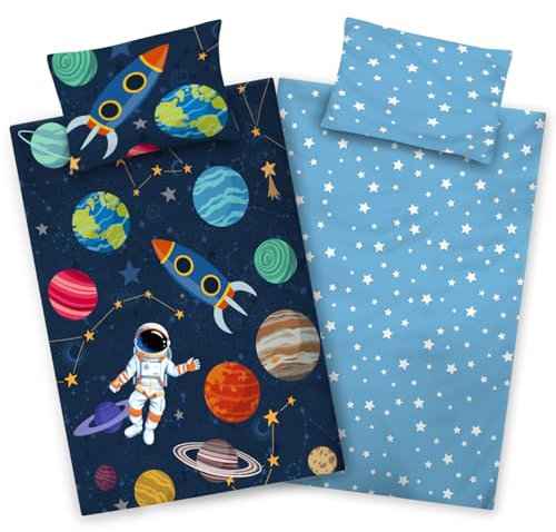 Aminata kids Weltraum Bettwäsche Kinder 100x135 cm 40x60 cm - Kinderbettwäsche Weltall-Motiv - Jungen Rakete Baumwolle Reißverschluss blau
