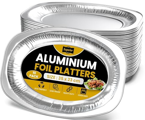 Superior Foil Serving Platters -10 Pack Serving Catering Platter, Oven and Freezer Safe-Aluminium Appetizer Servings Tray, Reusable Serving Platters for Parties, Buffets, BBQs, 35x23cm