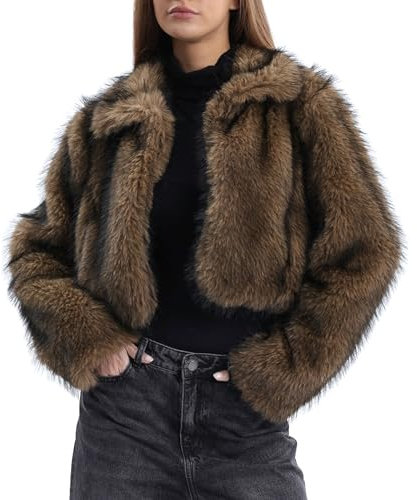 Amazhiyu Womens Faux Fur Coat with Pockets, Lapels Winter Long Sleeve Jacket Open Front Outwear Plush Warm Cardigan khaki M