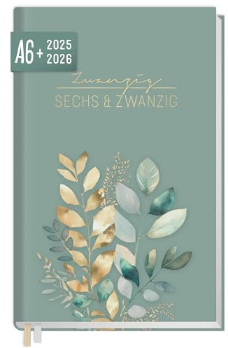 Häfft® Chäff-Timer Mini Taschenkalender 2025/2026 A6+ Shiny Leaves Terminplaner klein, Laufzeit Jul 2025 - Dez 2026, 1 Woche auf 2 Seiten- nachhaltig & klimafreundlich