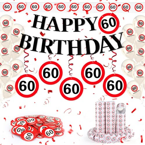 WenmthG 60 Geburtstag Deko Männer Frauen, 60. Geburtstag Deko mit Girlande, Luftballons, Luftschlangen, Banner, Konfetti - Verkehrsschild zum 60 Jahre, Verkehrszeichen 60. Geburtstagsdeko