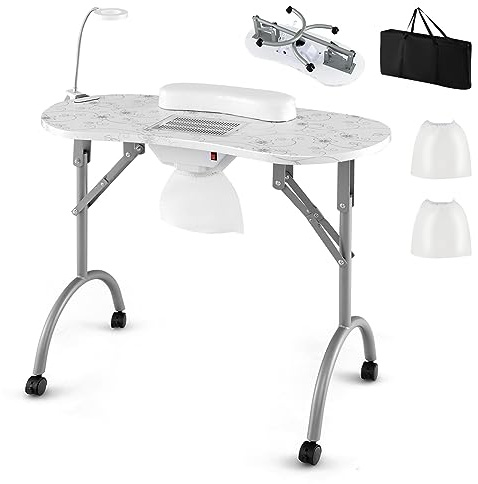 COSTWAY Maniküretisch klappbar, Nageltisch mit elektrischem Staubsammler, LED-Lampe, Handgelenkauflage, Tragetasche & Rollen, Maniküre Tisch Marmor Optik (Weiß)