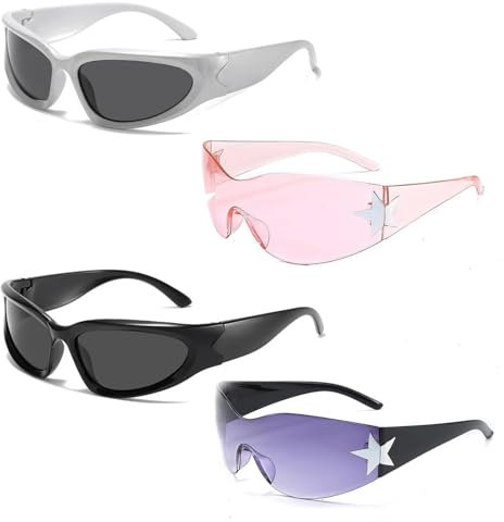 TUBAWD 4 Pcs Rave Glasses, Wrap Around Sunglasses, Rave Sunglasses Stylish and Cool Both Men and Women Can Use for Party Shade Sports Driving Bikes Outdoors