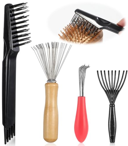 JJUNW 4 Stück Haarbürstenreiniger Werkzeug Set Bürstenreiniger Metalldraht | Rechen Kammreiniger Reinigungswerkzeug zum Entfernen Haaren von Bürsten Kämmen und Teppichen