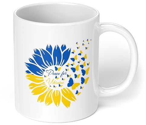 Solidarität Ukraine - Keramiktasse „Peace for Ukraine - Sonnenblume - Schmetterlinge“ - Frieden Україна Statement in Farben ukrainischer Flagge - ca. 330ml