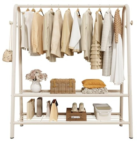 Sturdy Free standing Clothing Garment Rack with Hooks & 2 Tier Storage Shelf Heavy Duty Clothes Organizer for Bedroom & Dressing Room Holds Up to 80kg (150x36x150cm)