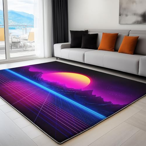 Generisch Digitale Kunst Synthwave-Sonne Berge Teppich Wohnzimmer Lila Schlafzimmer Flanell Weiche Teppich, 120 x 180 cm Kinderzimmer Teppiche für Küche Korridor Esszimmer Bodenmatte