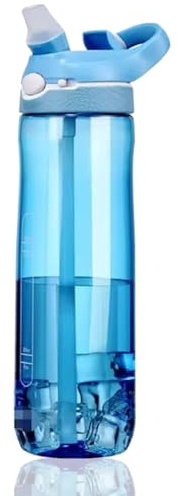 MOUNTTU Sport Water Bottle, 25oz Leakproof Clear Water Bottle with Straw, Portable Flip Up Lid Plastic Cup for Office Sports Travel Gym Yoga, Blue with Straw