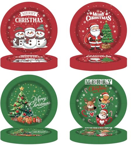 Joyesplay 60 PCS Christmas Plates Set 9 Inch Santa Snowman Christmas Paper Plates Dinner Set Party Tableware for Xmas Party Decoration(60, Red+Green 2)