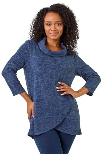 Roman Women's Cowl Neck Long Sleeve Tunic Ladies Lightweight Longline Patterned Top Blouse Snit Autumn Winter Work & Casual Smart Wear Going Out Party Loungewear - Navy - Size 18