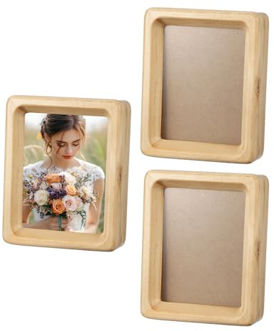 QUARKZMAN 3 x 4 Zoll Natürliche Holz Bilderrahmen 3 Stück Mini Holzoptik Bilderrahmen Tischfoto Rahmen Mit Passepartout Für Schreibtisch Präsentation Wandmontage Holzfarbe