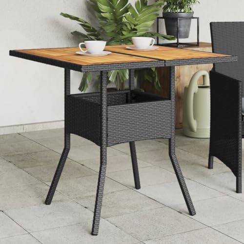 Owoxanthellate Gartentisch klappbar 80x80x75 cm Schwarz Massiv Akazie Holzplatte mit PE Rattan Rahmen Stahl wetterfest für Balkon Terrasse Camping
