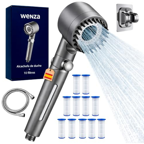WENZA Alcachofa de Ducha con filtro Antical Alta Presión Aquapure | Oasis Cabezal de Ducha con 10 filtros Alta presión con Manguera 1,5 m y Soporte Pared