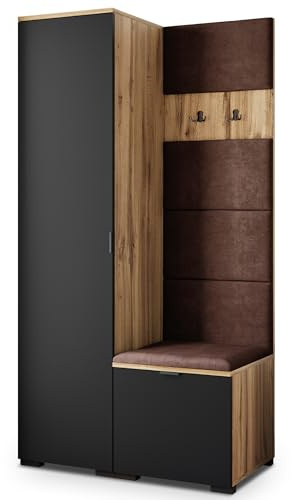 Masseno Flugarderoben Set Lori, Kleiderschrank-Set mit Sitzbank, Garderobenschrank Flur mit 3 Regalböden, Eiche Wotan/Schwarz