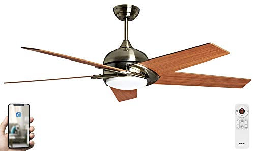 Fanelite - Brasseur d'air 132 cm laiton antique SABA - Moteur DC 38W - Lumière LED 20W dimmable 3 couleurs - Télécommande - Wifi - Contrôles vocaux - 5 pales - Très silencieux
