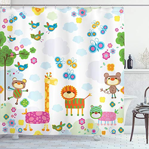 ABAKUHAUS Kindergarten Duschvorhang, Floral Funny Animals, Stoffliches Gewebe Badezimmerdekorationsset mit Haken, 175 x 200 cm, Weiss Mehrfarbig